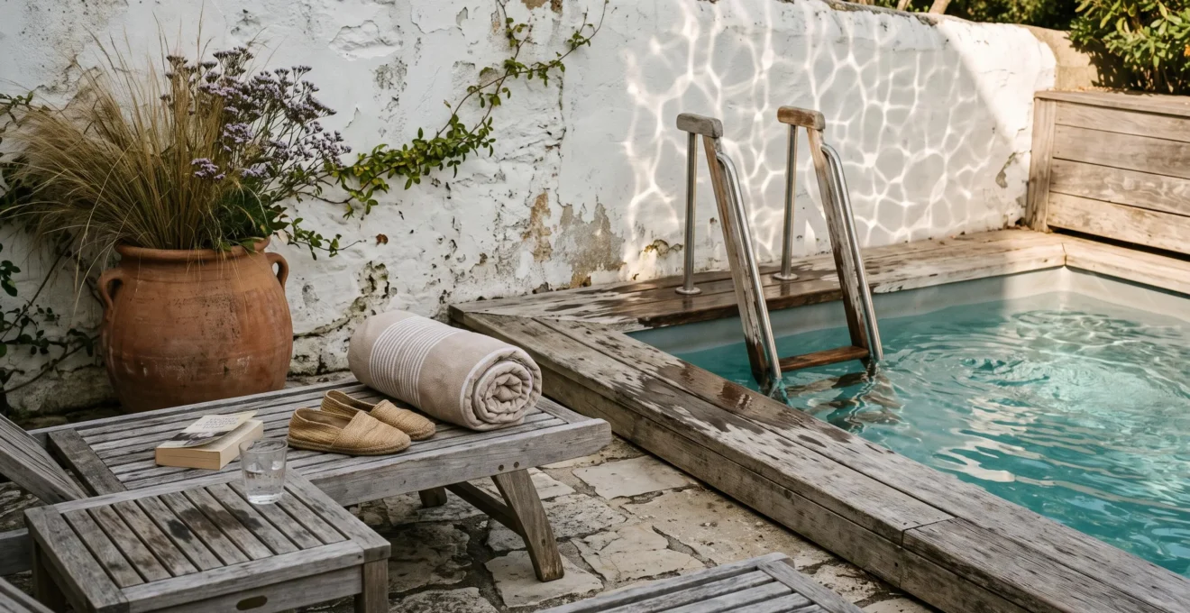 Teak loungers and a wooden ladder beside a private pool behind a villa wall.