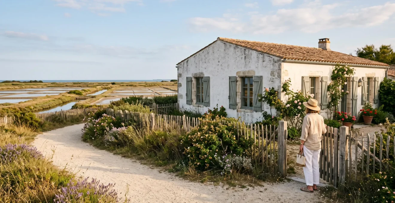 A woman observes a whitewashed villa from a wooden gate on Île de Ré.