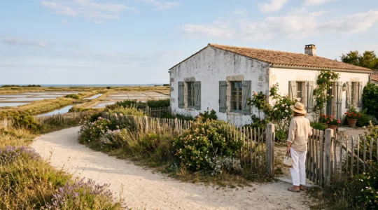A woman observes a whitewashed villa from a wooden gate on Île de Ré.