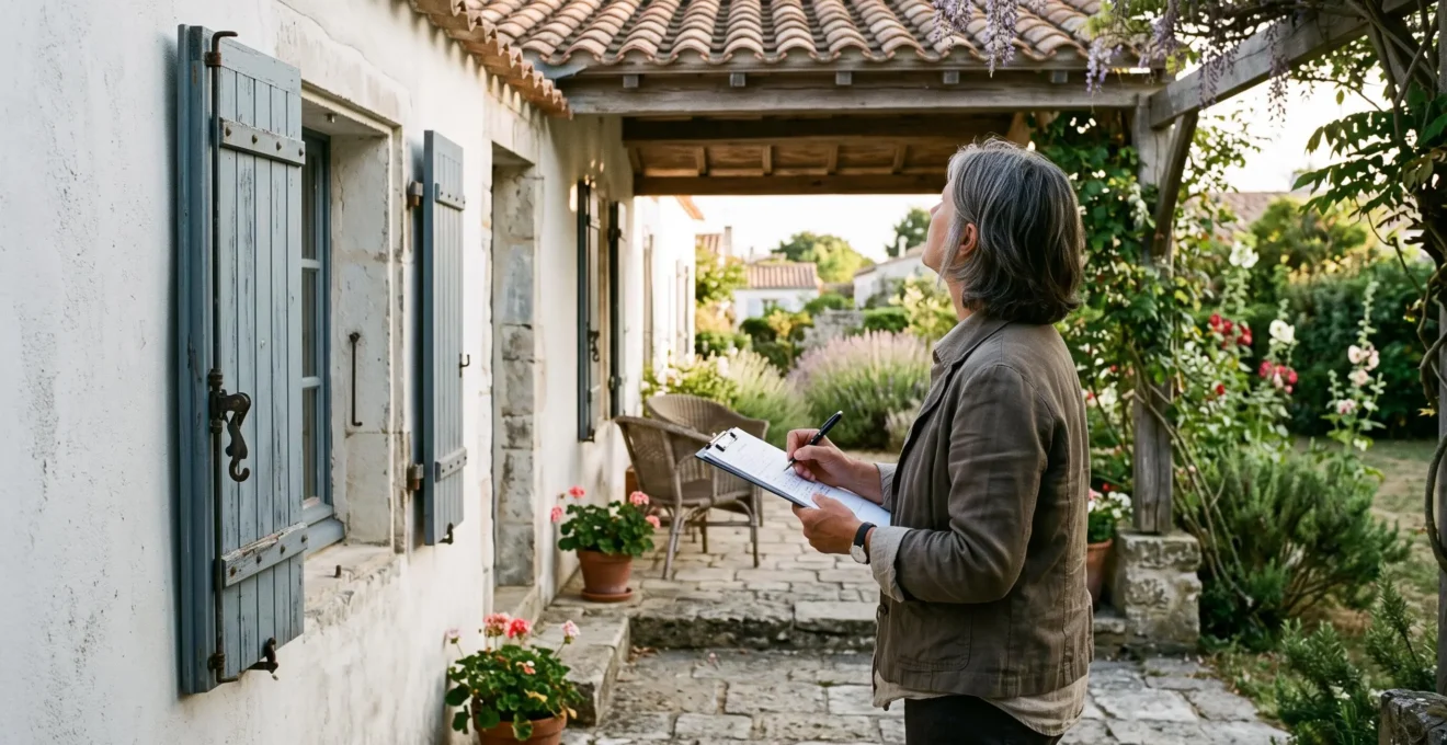 A woman inspects a villa terrace, taking notes on a clipboard.